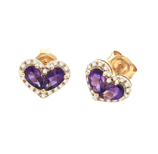 14K Yellow Gold Amethyst and Diamonds Heart Studs Earrings
