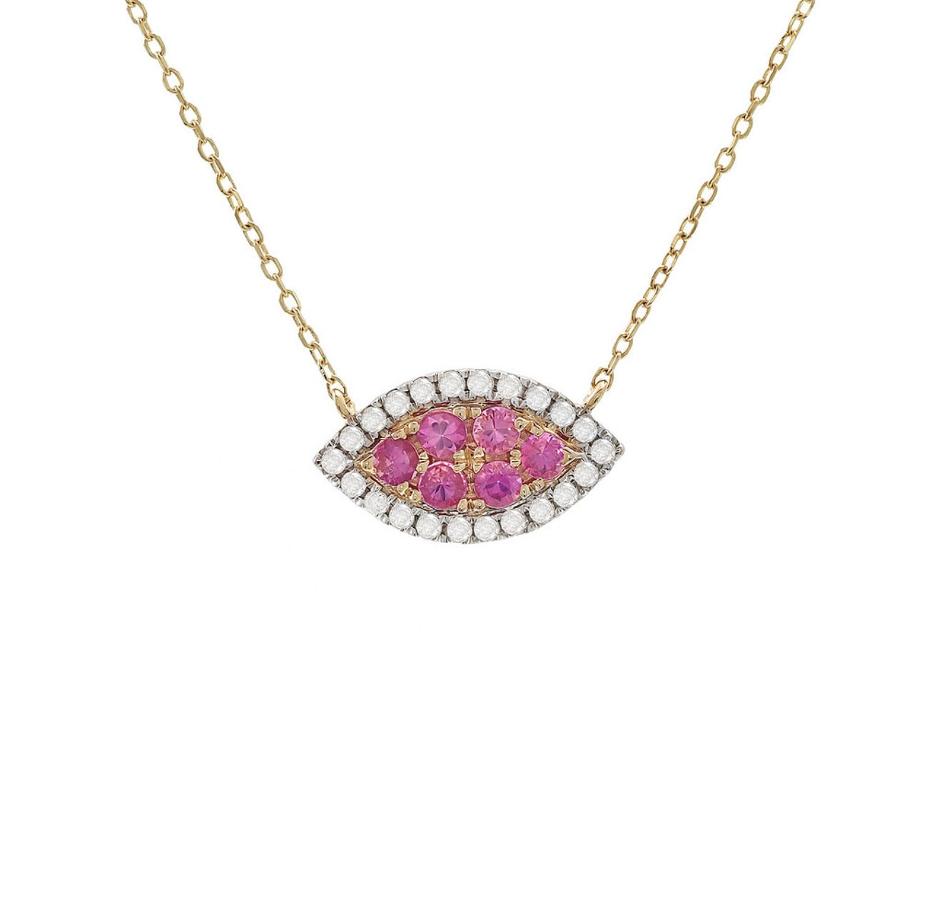 14K Yellow Gold Pink Sapphire and Diamond Evil Eye Necklace