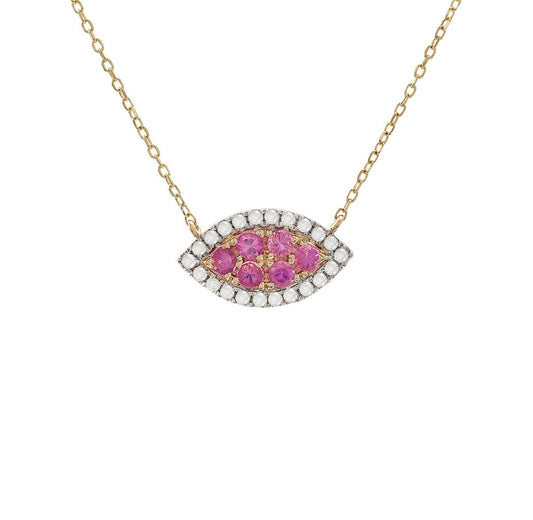 14K Yellow Gold Pink Sapphire and Diamond Evil Eye Necklace