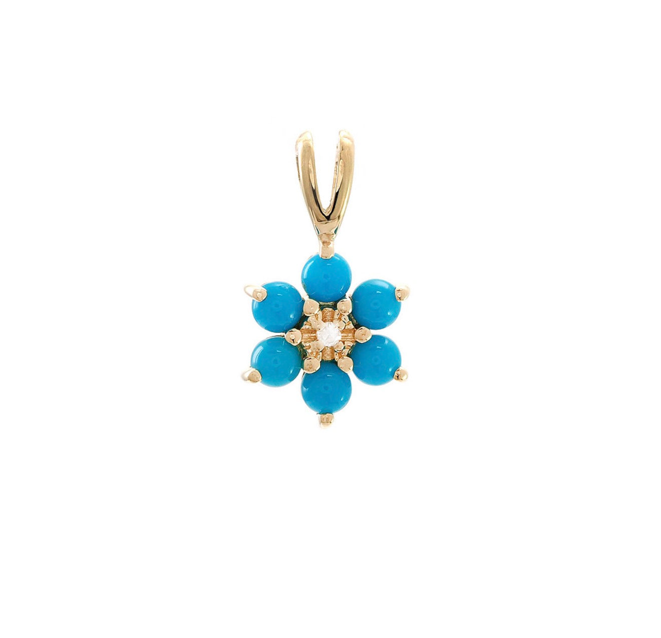 14K Yellow Gold Turquoise and Diamond Flower Charm Pendent