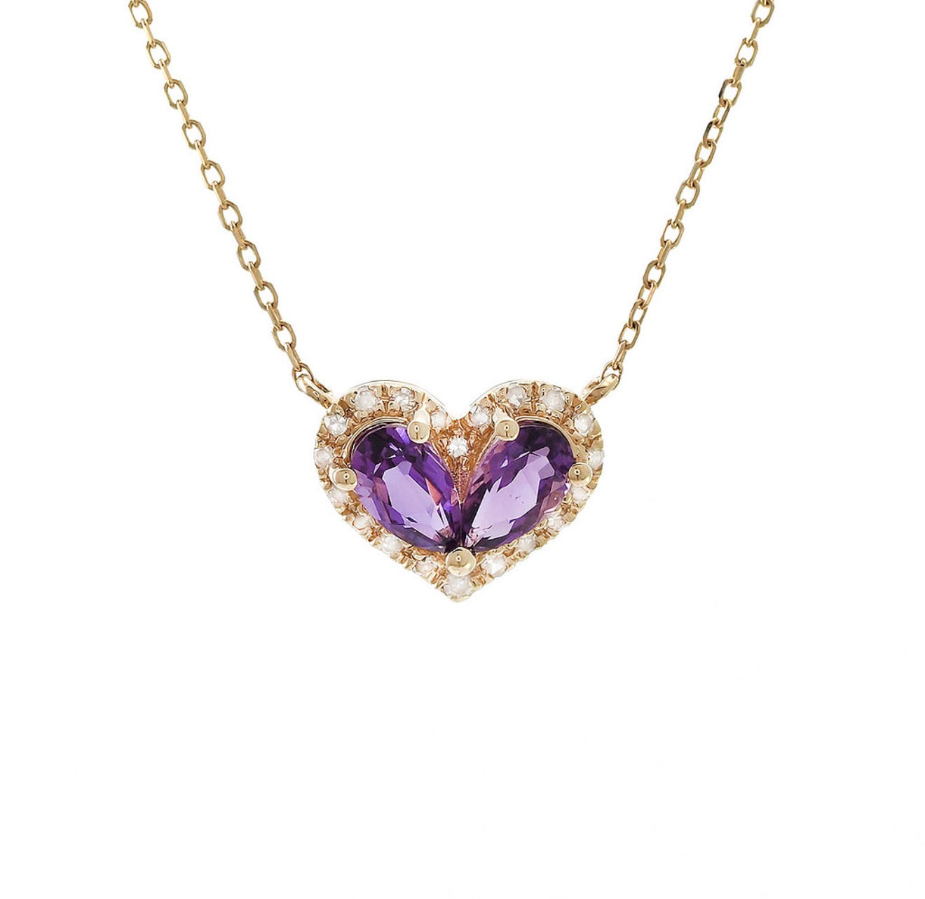 14K Yellow Gold Purple Amethyst and Natural Diamonds Heart 16-18” Necklace