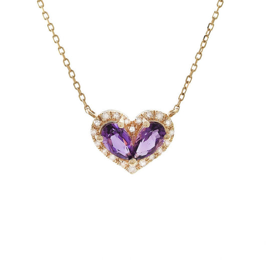 14K Yellow Gold Purple Amethyst and Natural Diamonds Heart 16-18” Necklace