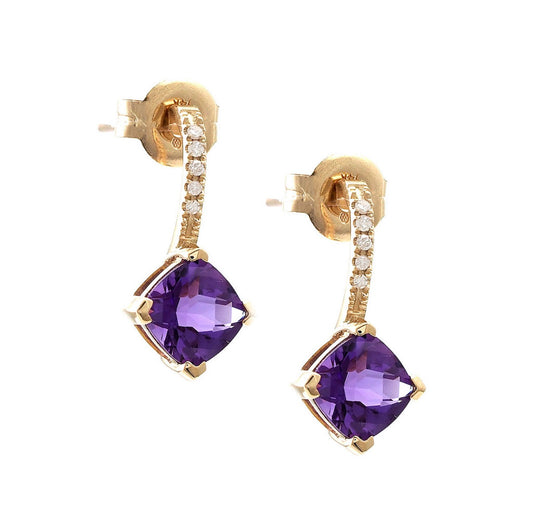 14K Yellow Gold Amethyst and Diamond Earrings
