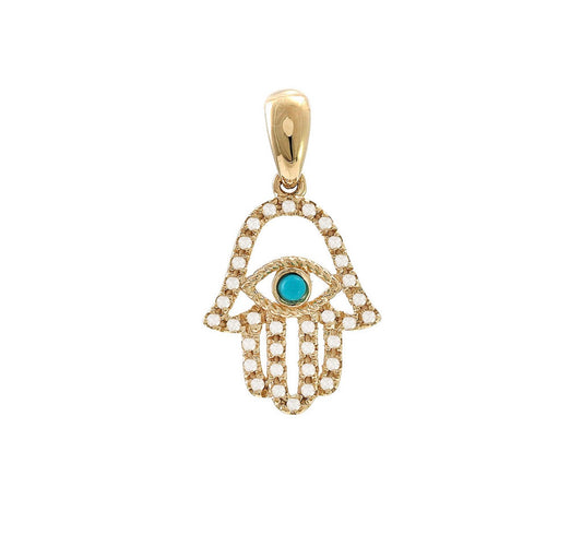14K Yellow Gold Turquoise and Diamond Hamsa Charm Pendent