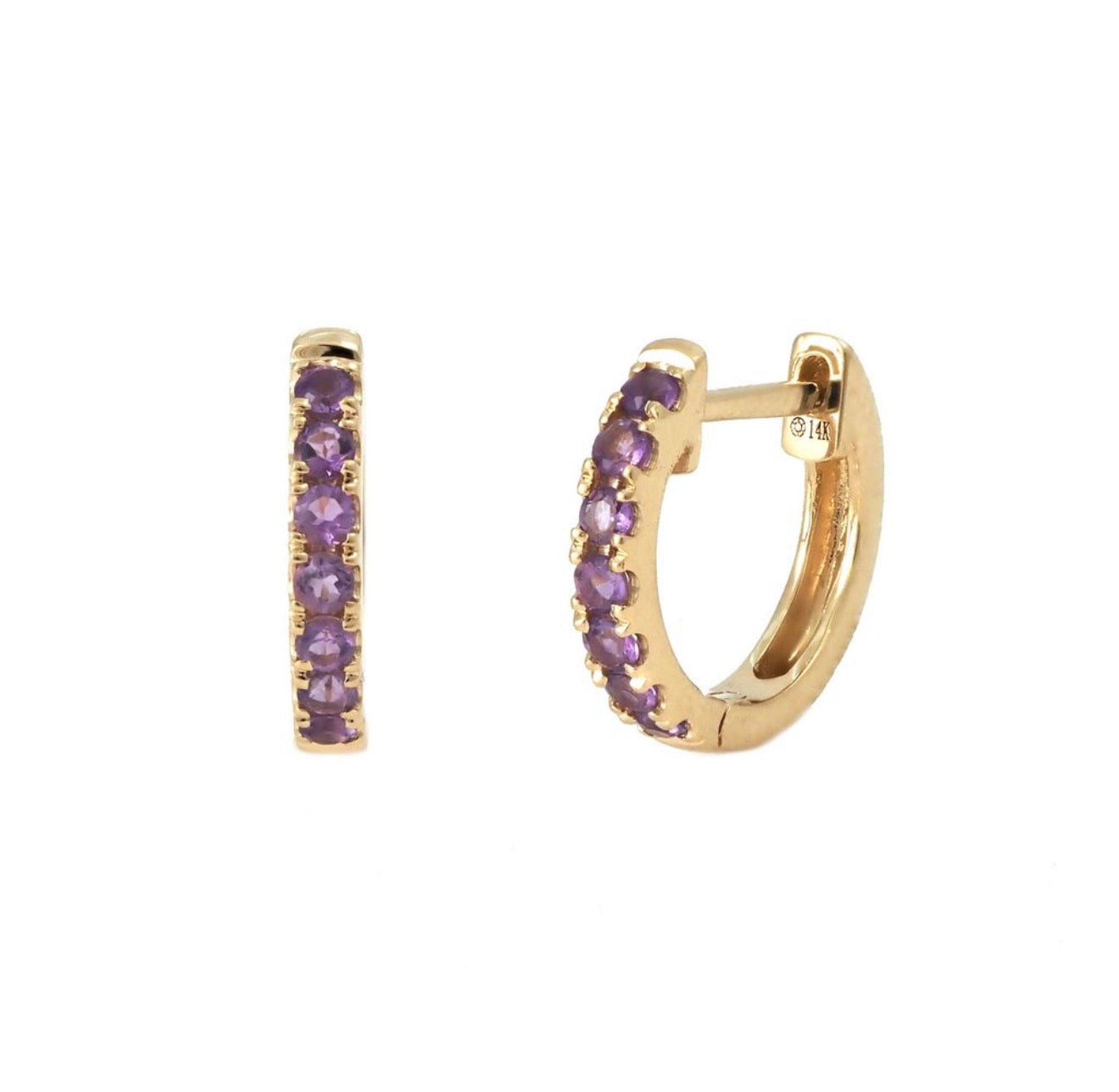 14K Yellow Gold Natural Amethyst Small Hoop Earrings