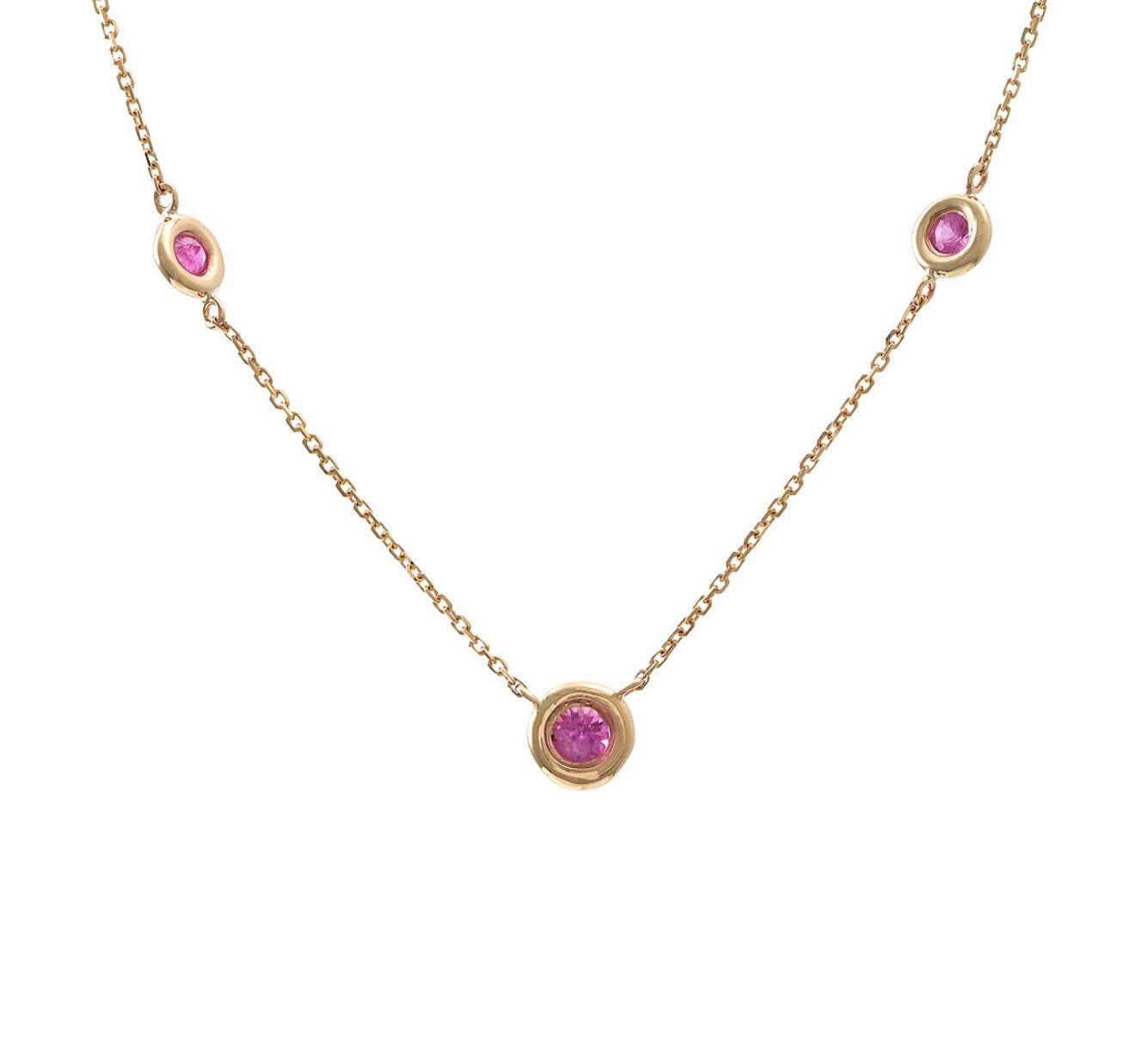 14K Yellow Gold Pink Sapphire Station Necklace 16 + 2”