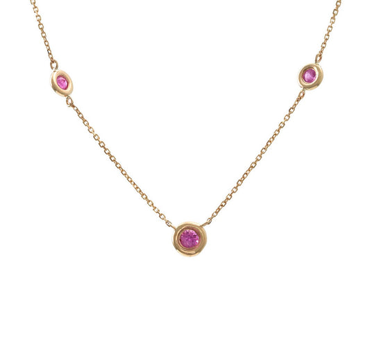 14K Yellow Gold Pink Sapphire Station Necklace 16 + 2”