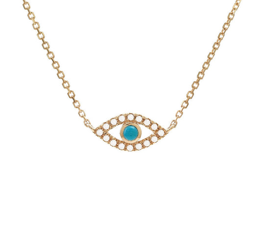 14K Yellow Gold Turquoise and Natural Diamonds Evil Eye 16-18” Necklace