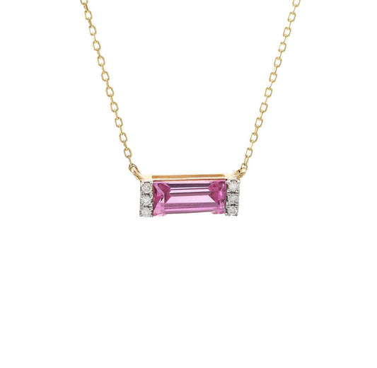 14K Yellow Gold Rectangle Pink Quartz and Diamond Necklace