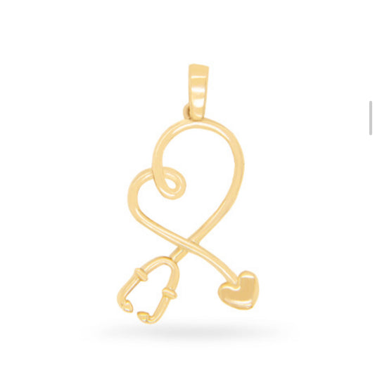 14K Yellow Gold Solid Heart Stethoscope Pendent Charm