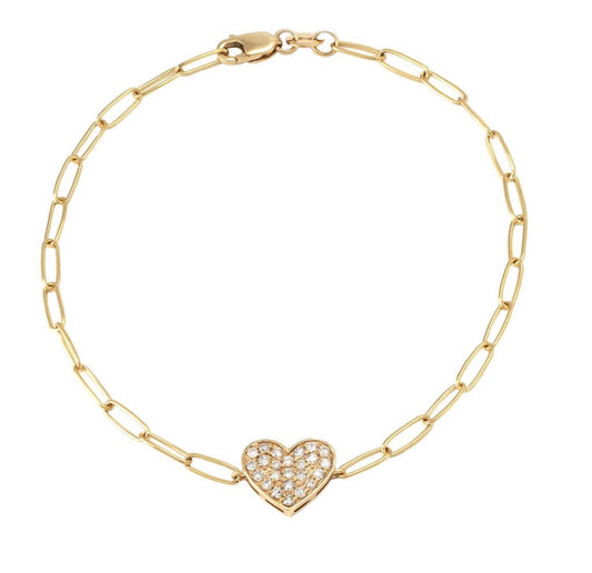 14K Yellow Gold Heart Diamond Bracelet 7”