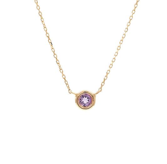 14K Yellow Gold Bezeled Solitaire Purple Amethyst  16-18” Necklace