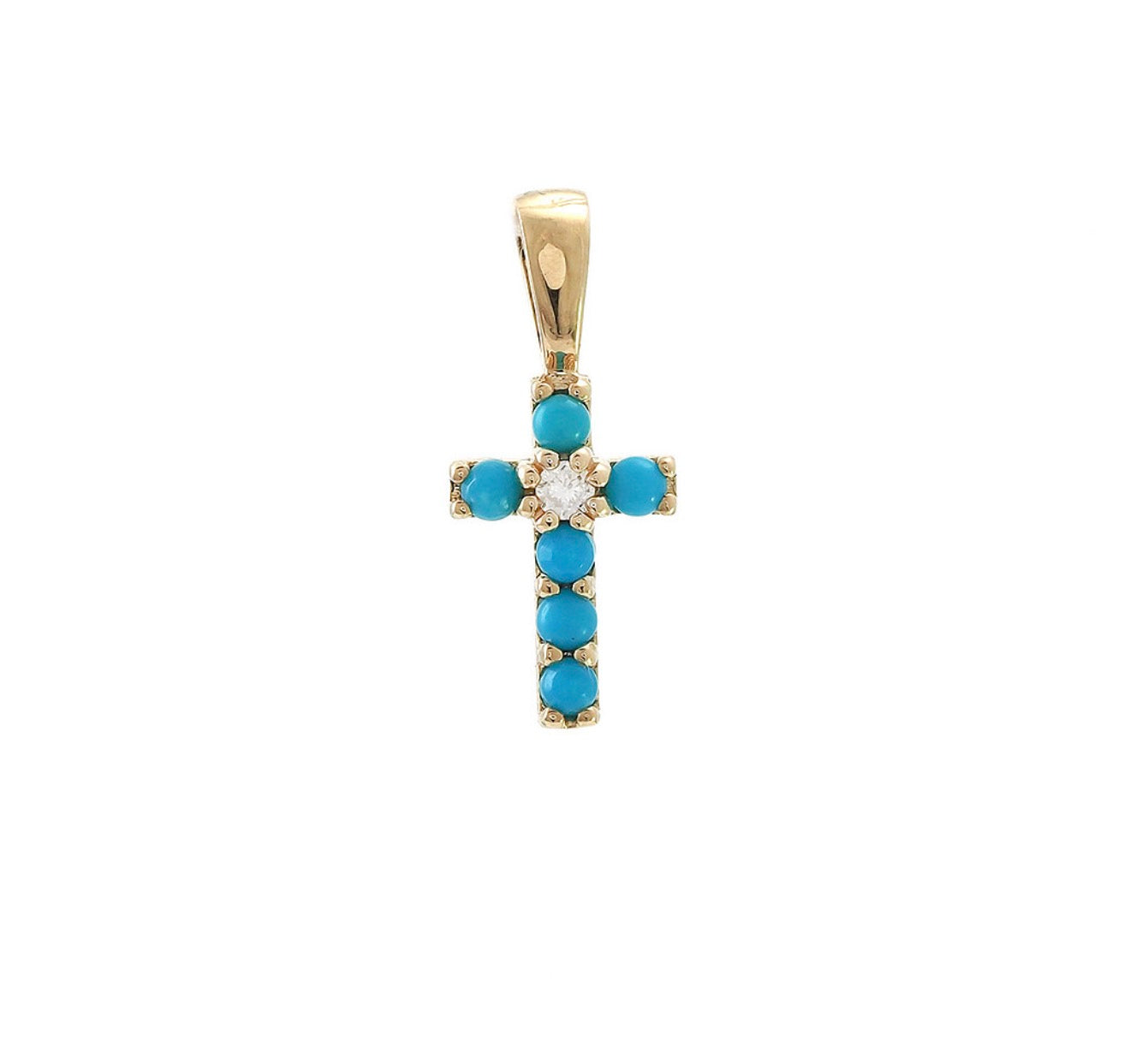 14K Yellow Gold Turquoise and Diamond Cross Charm Pendent