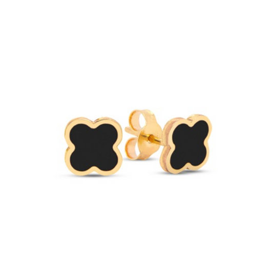14K Gold With Onix Floral Pattern Earrings